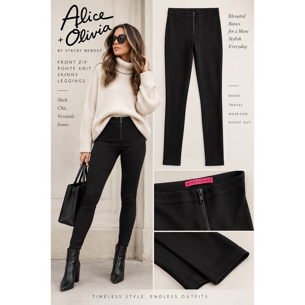 Alice + Olivia Front Zip Ponte Knit Skinny Leggings High Rise Stretch Black NWOT